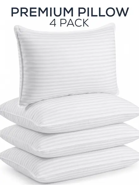 Utopia Bedding Hotel-Quality Queen Size Pillows - 4-Piece White Striped Soft Contoured Set for Back/Side Sleepers, Room Accessories, Aesthetic Room Decor, Bedroom Items