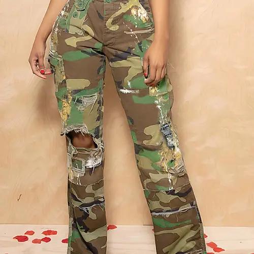 Women's Fashion Camouflage Print Cargo Pants, Army Camo Pants, Casual Street Style Long Straight Leg Trousers, Spring & Fall Fitted Multi-Pocket Design Womenswear Knit