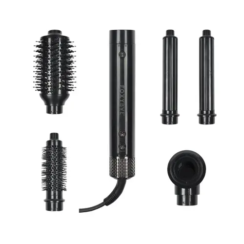 FoxyBae Black Shimmer Super Styler Pro+ Air Styling Set – Interchangeable Hair Styler & Salon Equipment with Auto-Wrap Curler, Blowout & Round Brushes – Frizz-Free, Smooth, Shiny Hair