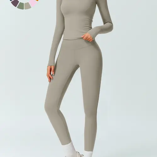 Women's Solid Color Long Sleeve Tee & High Waist Leggings Tracksuit Set, Sporty Comfy Breathable Outfits Stretchy Activewear for Gym Workout Running, Ladies Fall & Winter Sportswear