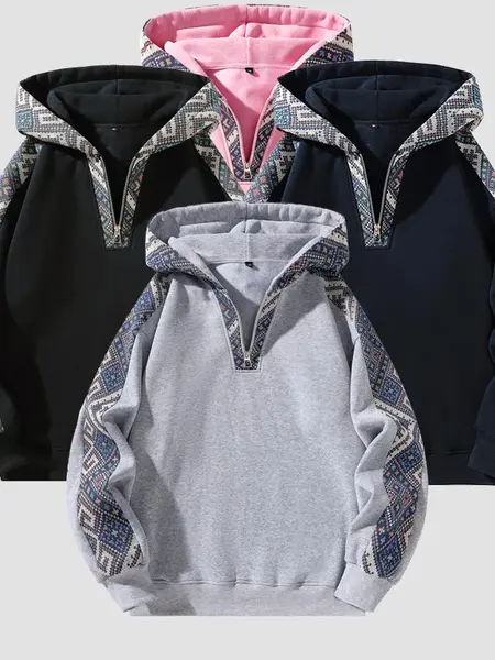 Men’s retro half-zip hooded sweatshirt, vintage ethnic patchwork pullover, soft knit slim-fit warm fashionable hoodie, plus sizes S–XXXXXL