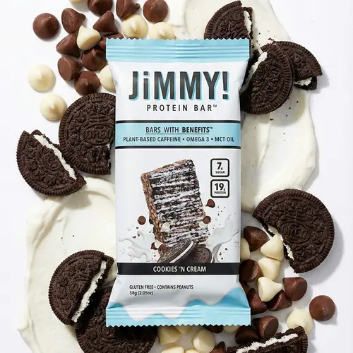 JiMMYBAR!  Cookies 'n Cream Protein Bar - 19g Protein, 7g Sugar, Plant-Based Caffeine, Gluten-Free, 12 Count Box, High-Protein Peanut Chocolate Snack, Omega-3s & MCT Oil, Healthy Protein Snack, Snack Bars