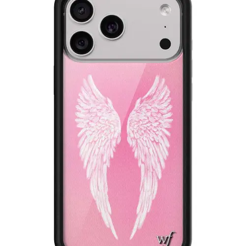Angel Baby Limited Edition Trendy Collab Custom Cellphone Case, Women's Owned Small Business Accessory, White Feather Angel Wings on Pink Background, Raised Durable Shockproof Black Bumper, Gift for Her