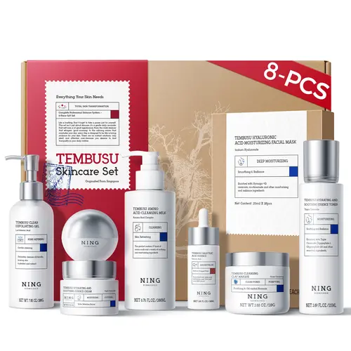 NING (6&2) Tembusu Glass Skin Essential Skin Care Kit - Korean Layered Method, 3-Step Cleansing, 3-Level Hydrating, 2-Step Conditioning, Deep Penetration, Healthy Barrier, Brightening Clay Cleanser, Unisex, Birthday Glow Up, Smooth Routine, Acne Care