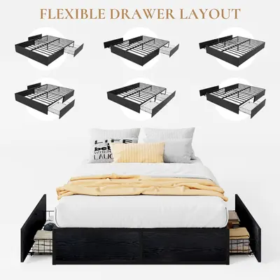 SHA CERLIN Full/Queen Bed Frame - Rustic Wood & Metal Bedroom Furniture, 2 Large Built-in Storage Drawers, Noise-Free, No Box Spring Needed, Durable Black/Brown, Father's Day Gift