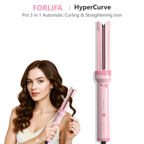 FORLIFA Pro HyperCurve Auto Rotating Curling Iron - 3-in-1 Hair Styling Tool with 1-Inch Barrel, Ionic Cooling Airflow, Flat Iron Waves, Frizz Control, Detangling, Sculpting Capabilities