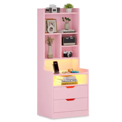 SIKAIC RGB LED Lights Modern Pink Engineered Wood Tall Bedroom Nightstand - 1 On-Off Button Control, 2 Glide Storage Drawers, Bookshelf Charging Station, Open Space, Indoor Apartment Furniture, Room Decor for Teen Girls