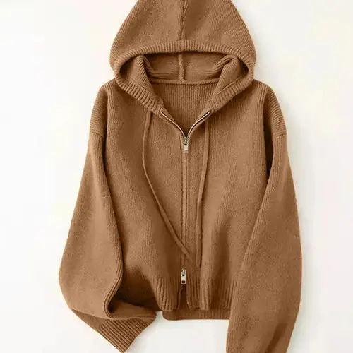 Women's Elegant Basic Hooded Zipper Long Sleeve Oversized Knit Cardigan, Winter Fashion Soft Comfortable Loose Adjustable Drawstring Knitting Sweater Top, New Arrival Casual Chic Design Knitwear, Outerwear