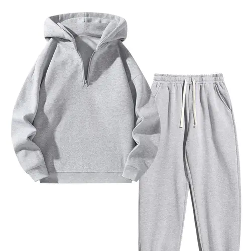 Men's 2-Piece Vintage Plain Knitting Tracksuit Set - Breathable Half-Zip Hoodie with Drawstring, Fitted Cut Stretch Pocket Pants, Polyester Sweatset Style, Effortless Wear Casual Menswear Gift for Boyfriend