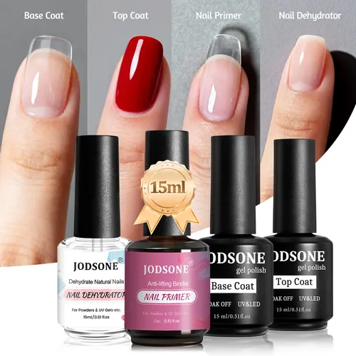 JODSONE New Upgrade  Bottles of 15ml  Base Top Coat Long Lasting and Easy to Apply Large Bottle, combination for uv light cure nail polish.