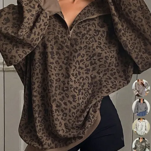 Women's Casual Zip Front Corduroy Long Sleeve Leopard Print Sporty Sweatshirt, Baggy Loose-Fitting Spring & Fall Fashion, Comfortable Daily Wear