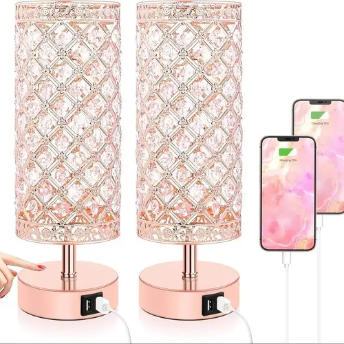 MATULSA 2/1 Pack Touch Control Crystal Table Lamps With 2 USB Ports, Mother's Day Gift Dimmable Bedside Nightstand Lamps With Decorative Crystal, Small Table Lamps For Bedroom Living Room, Office, Led Bulbs Included