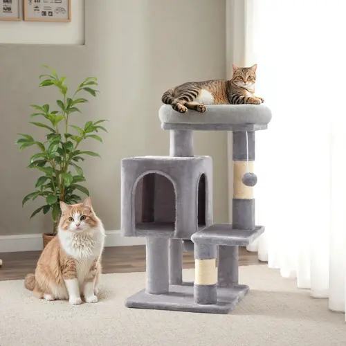 Sha Cerlin 29in Cat Tree Tower Multi-Level Kitten Condo with Plush Perch, Sisal Scratching Post & Activity House in Beige/Dark Grey/Grey/Pink Summervibes Father's day Gift, Napping