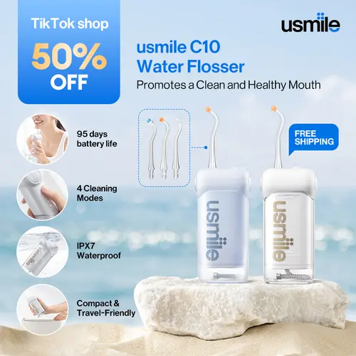 usmile C10 New Cordless Oral Irrigator - Oral Plaque Remover (99% Plaque Removal), IPX7 Waterproof, 95-Day Battery Life, 3 Tips Included, Adjustable Settings, Charging Cable & Batteries Included, Single Unit Dental Care Water Flosser