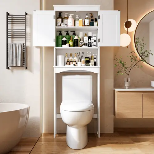 Gizoon 66in H Free-Standing Wooden Over-The-Toilet Storage Cabinet, Easy Assembly, Neutral Tone, Waterproof Finish, 32.3in Clearance Fits Most Toilets, Double Doors, Adjustable & Open Shelves, Bathroom Space Saver