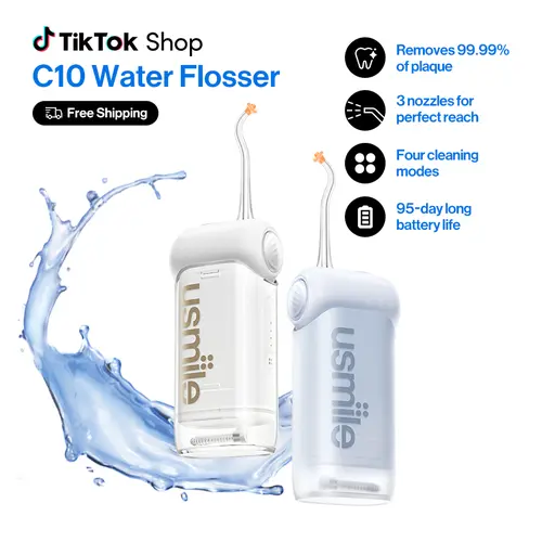 usmile C10 New Water Dental Flosser - Portable Oral Irrigator, 99% Plaque Removal Cleansing Tool, 3 Nozzles for Full Oral Care, 95-Day Battery Life, IPX7 Waterproof, Includes Charging Cable & Batteries, Ideal for Fresh Breath