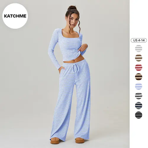 Katch Me Chic(US/CN)Women's Versatile Square Neck Stripe Long Sleeve Crop Top & Low-Rise Wide Leg Trousers Co-ord, Soft Breathable High Stretch Outfits, Summer Sets