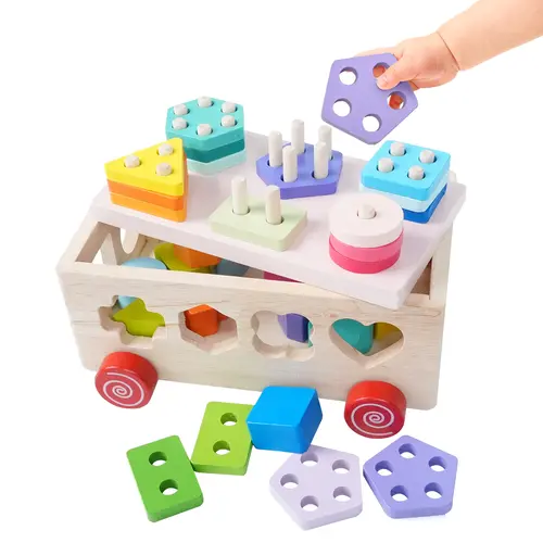 Edutree Wooden Shape Sorting and Stacking Toy 6-in-1 Montessori Peg Puzzle for Toddlers 1-3 Educational Activity Toy with Geometric Shape Cognition and Color Recognition, Mother's Day