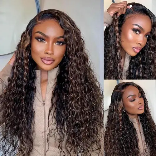 Ashimary Human Hair 360 Lace Frontal Wig, Water Wave with Invisi-Strap, Brown Balayage Ombre, Adjustable Fit, Pre-Bleached Blend, Pre-Cut Skin Lace (Wigs Human Hair for Women), Balayage Hair
