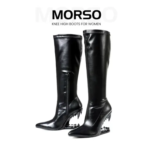 CYNLLIO Morso Knee High Boots for Womens Gothic Metalic Heeled Closed Pointed Toe Boots Tiger Teeth Elegant Hollow Shaped Heeled Side Zipper Fashionable Shark Teeth Goth Tall Boot Parties Concerts Club Out Going Summer Dressy Shoes