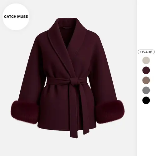 Katch Me Chic(US/CN)Women's Elegant Solid Color Waist Tie Fuzzy Cuff Wrap Coat, Premium Plush Long Sleeve Thermal Coat, Outerwear Jacket for Fall & Winter