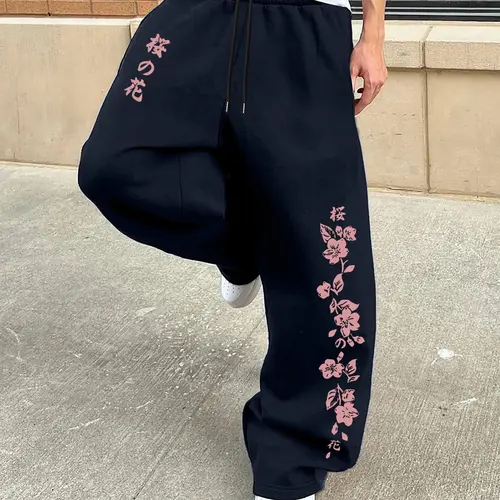 Men's Fashion Casual Street Style Printed Straight Leg Loose Fit Floral Print Sweatpants, Floral Print Bottom, Summer Fitted Design for Everyday Wear, Casual Fit Drawstrings