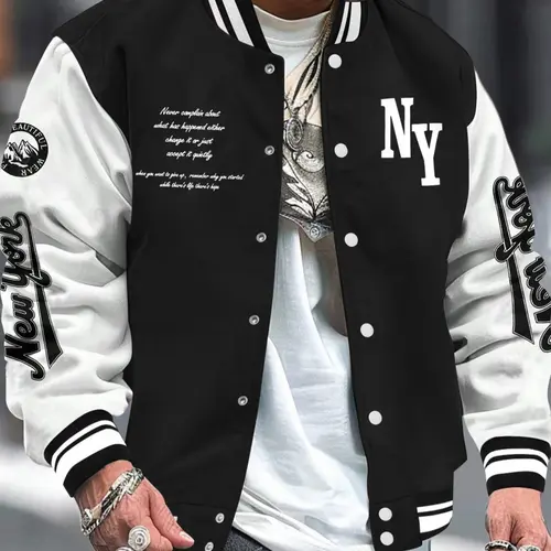 Men's Letter Print Knit Baseball Collar Bomber Jacket, Loose Casual Sporty Athletic Long Sleeve Varsity Jacket for Fall & Winter, Men's Outerwear for Daily Wear, Streetwear Jacket, Sportswear Jacket