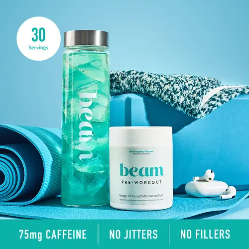 Beam Inc Beam Pre Workout Dietary Supplement Powder - 20 Servings, Blue Raspberry Flavor, Prop 65 Safe Sports Nutrition Supplement for Fitness Energy, Focus, Endurance, Hydration & Selfcare | Back to school