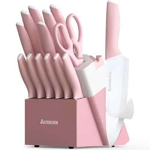 Astercook Pink 14-Piece Kitchen Knife Set with Self-Sharpening Block, Stainless Steel Utensils, Dishwasher Safe, Steak Knives Included - Valentine's Day or Wedding Gift for Her
