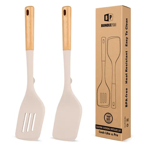 BUNDLEPRO 2-Piece Large Food Grade Silicone Wood Kitchen Utensil Set - 13in*2.9in Durable Heat-Resistant Tools with Wooden Handles, Multifunction Solid Turner & Non-Stick Slotted Spatula for Family, Children’s Daily Cooking Flipping