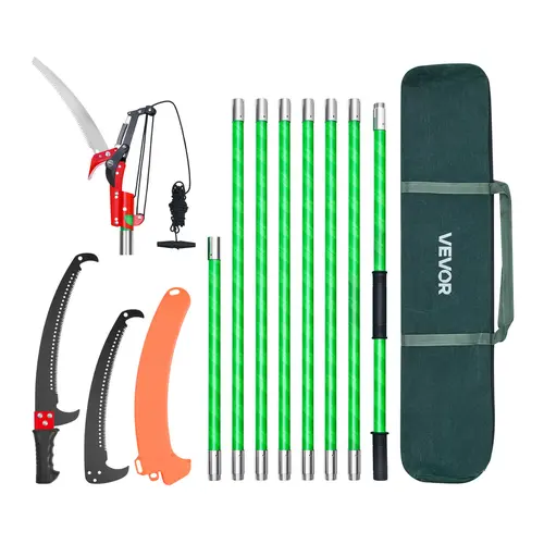 【Summerfinds】VEVOR Fiberglass Manual Pole Saw, 3.87-27 ft 8 Adjustable Sections Tree Pruner, Rust-Proof 65Mn Steel Dual-Hook Blades, Lightweight Handle, Metal-Threaded Connections, Ladder-Free Trimming Tool with Carrying Bag for Easy Storage and Carry, Ho