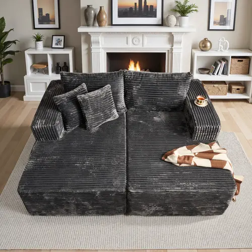 Weaxty 75" Pre-Assembled Corduroy Modular Sectional Oversized Couch - Double Lounge Chaise, Cloud Plush Sponge Sofa Bed, Fluffy Modern Sleeper Loveseat, Sturdy Indoor Living Room Furniture (2 Packages Delivery, Chaise-Ready Rest)