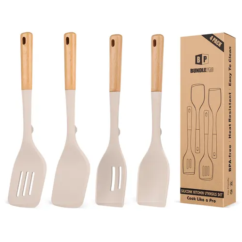 BUNDLEPRO 4-Piece Silicone Kitchen Utensils Set - Wooden Handle Wooden Cooking Tools, Non-Stick Solid Spatulas, Heat-Resistant Slotted Spoons, BPA-Free Turner, Top Stays Clean Kitchen Supplies for Mixing,Serving, Four Piece Set Spatulas & Turners