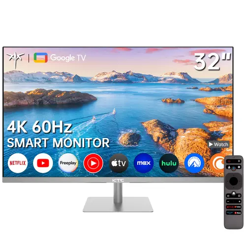 KTC 32 Inch 4K Smart Monitor with Google TV System 3840 * 2160P Netflix Licensed Type C 65W PD Speakers 5W*2 Dolby Audio Hey Google Voice Remote HDR WiFi Bluetooth VESA Tiltable 32 in Smart TV, Tiltable Base