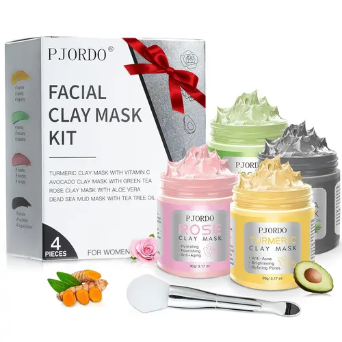 4pcs Gentle Radiant Facial Clay Mask Set (360g Total, 3.17 Oz Each) - Turmeric Vitamin C, Dead Sea Mud, Green Tea, Avocado, Rose Beauty & Face Care Products, Women's Gift Set
