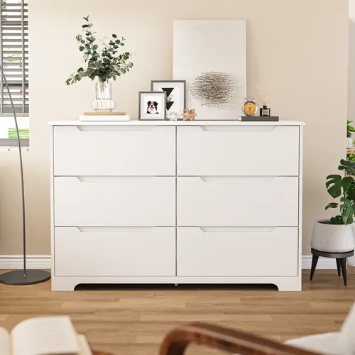 Gizoon 6 Drawer Double Dresser for Bedroom with Anti-Tip Design Modern Wide Wooden Chest of Drawers with Cut-Out Handles Closet Storage Organizer and TV Stand for Living Room Hallway Entryway Girl Apartment Furniture Space-Saving