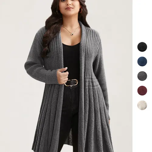 BloomChic Women's Plus Size Knitting Cardigan - Gray/Black Plain Textured Kimono Collar Long Sleeve Loose Tunic, Soft Casual Fashion Knitwear Top with Minimalist OL Cut-Out, Winter Everyday Plus Size Clothes for Curvy Clothing, Basic