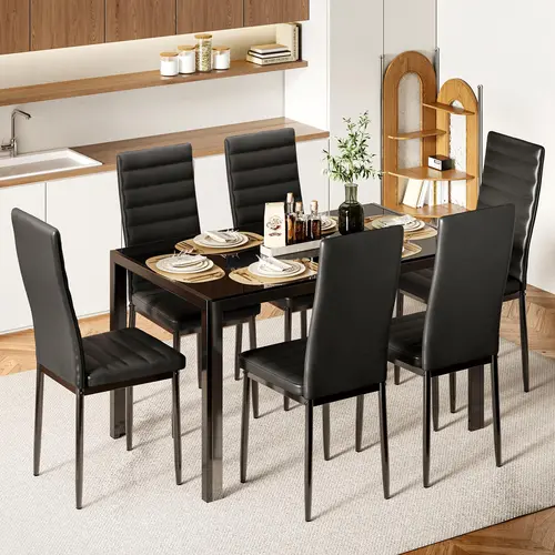 【2 Packages Shipping】Gizoon Glass Dining Table Sets for 6, 7 Piece Kitchen Table and Chairs Set for 6 Person PU Leather Modern Dining Room Sets for Home Kitchen Living Room Space-Saving Apartment,dorm essentials,home decor