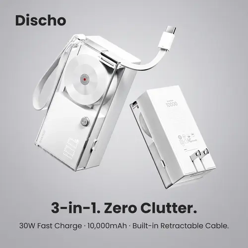 SHARGE Discho Hybrid Battery Power Bank - 10000mAh 30W GaN Fast Charging Retro EDC Gear, 2ft Retractable USB-C Cable, Built-in Wall Charger, Cool Phone Accessories, Travel-Friendly Transparent Handheld Charger for Smartphones