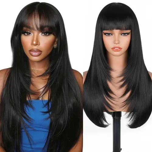 Lush Haute Synthetic Layered Wigs with Bangs Ready to Go 22 Inch Straight Wig with Bangs Put On Go Black Bang Wigs