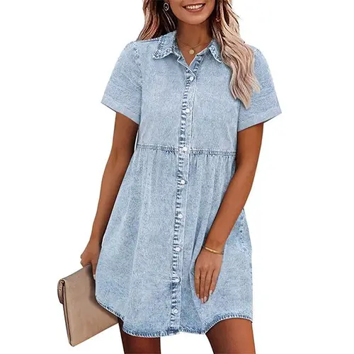 GRAPENT Women's Casual Denim Dress - Short-Sleeve, Collared, Button-Down, Babydoll Tiered Design, Basic Women's Clothes for Casual Wear,summeroutfits,vacationoutfits,beachoutfits