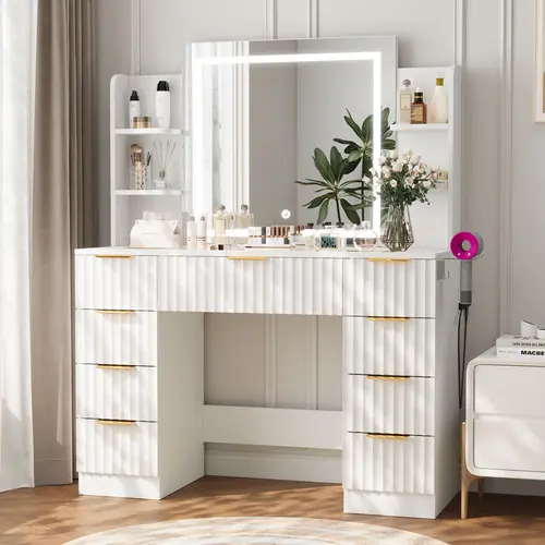 VOWNER Modern White Vanity Desk with LED Mirror and Lights Bulbs Makeup Vanity Desk with Drawers and Storage Shelves & Power Outlet Hair Dryer Rack Dressing Table with Glass Top