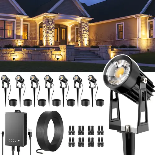 【Summervibes】All-in-One Outdoor Low Voltage Landscape Lighting Kit, LED Landscape Spot Lights with 60W Transformer and 65FT Wire, Waterproof Outside Spotlights for Yard, Garden, Tree, Pathway, House, 3000K, Auto Dusk/Dawn, Ac Power Supply