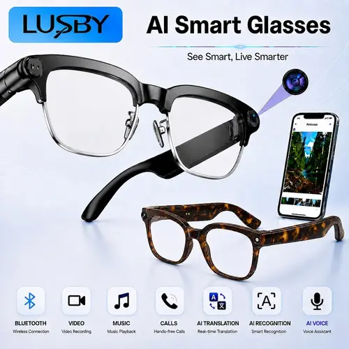 LUSBY Classic Round Unisex Adults Smart Glasses with Camera - 8MP 1080p HD Photo Capture, Auto Color-Changing Interchangeable Lenses, Wireless AI Half-Frame Lightweight for Travel Recording, Voice Calls (Black Friday & Cyber Monday Deal)