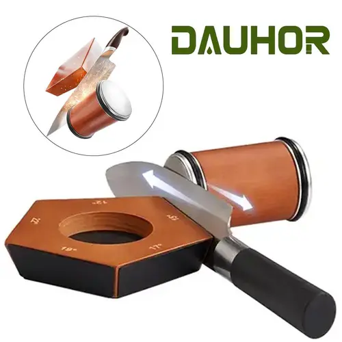 Rolling Knife Sharpener Kit - Diamond & Ceramic Discs, Adjustable Angles, Medium Wooden Honing Tumbler, Fits Any Steel Hardness, Kitchenware for Cutting Tools