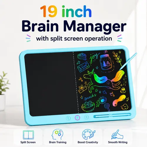19-Inch LCD Writing Tablet for Unisex Kids, Large Dual-Sided Reusable Drawing Board with Fully Erasable Screen, 2 Batteries, Portable Educational Toy in Box for Home & Travel, Gifting Arts & Crafts Tool