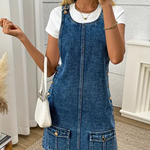 Women's Casual Denim Overalls Dress, Sleeveless Fashionable Washed Blue Denim Dress, Double Pocket Design at the Hem, Adjustable Shoulder Straps, Suitable for Spring, Summer and Autumn.