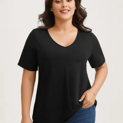 BloomChic Women's Plus Size Minimalist V-Neck Short Sleeve Soft Cool Cotton T-Shirt - Relaxed Fit, Low Iron, Cool Cotton for Warm Days, OOTD Ideas, Casual Summer Fashion Apparel