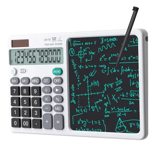 12-Digit Large-Button Compact Desktop Calculator with 6-in Notepad Writing Tablet, Magnetic Stylus, Solar-Battery Operation - Accounting Supplies, Desk Accessories for Office & School
