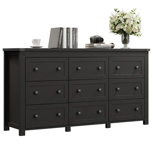 White Aesthetic 9-Drawer Engineered Wood Dresser with Thick Legs & Metal Handles, Farmhouse Modern Accent Cabinet, Wide Storage Furniture for Bedroom & Living Room